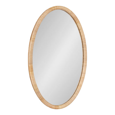 Rahfy Oval Framed Wall Mirror with natural rattan frame hung on a white wall