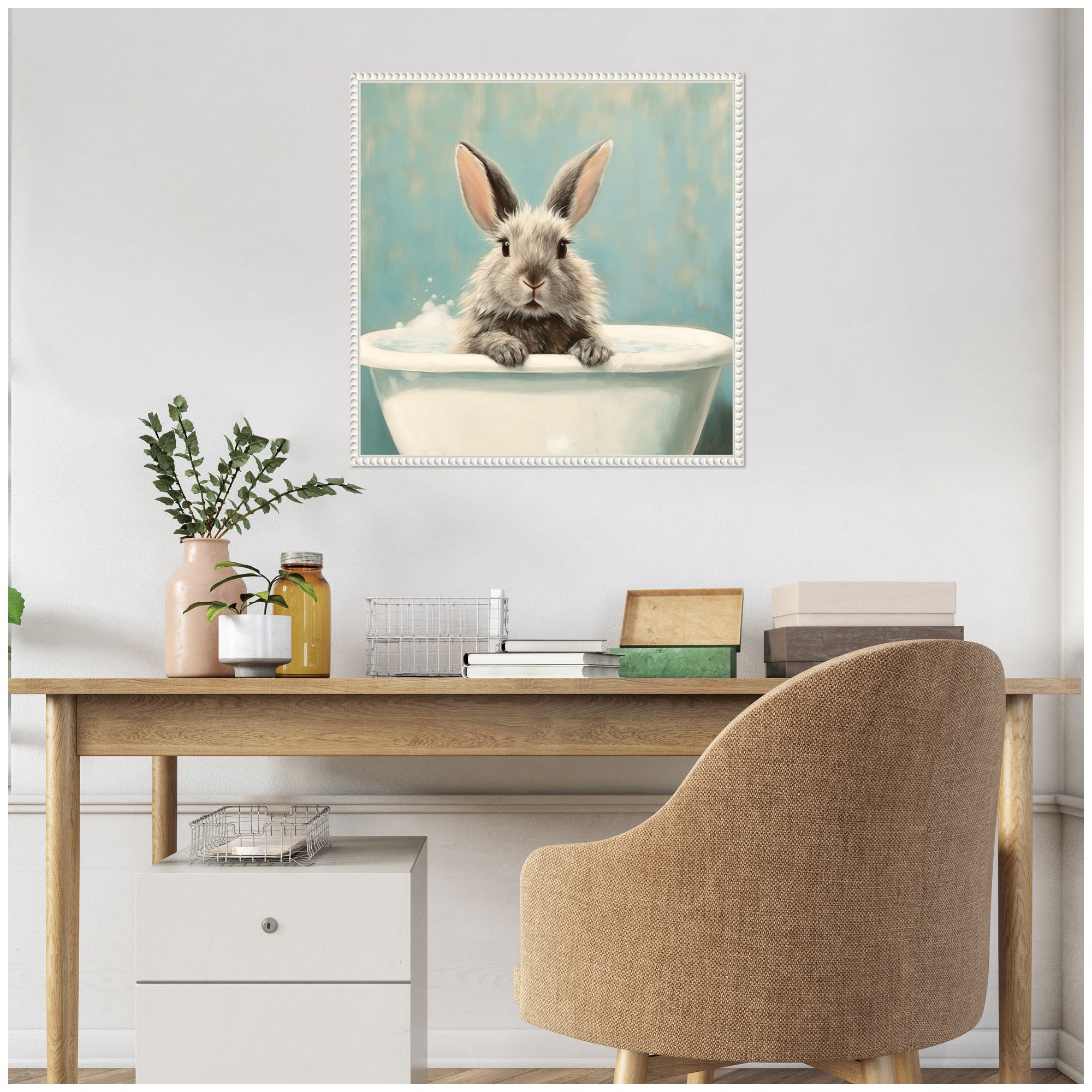 Sylvie Country Bunny White Bathtub Framed Canvas by The Creative Bunch Studio