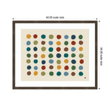 Framed abstract art titled Meditation No. 3b featuring six rows of multicolored, irregular oval shapes on a beige background, in a dark wooden frame.