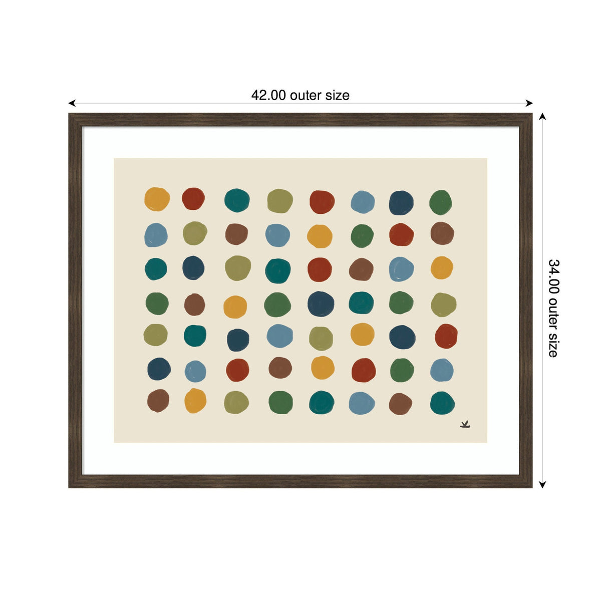 Framed abstract art titled Meditation No. 3b featuring six rows of multicolored, irregular oval shapes on a beige background, in a dark wooden frame.