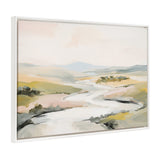 Framed canvas painting of a soft, abstract landscape featuring a winding river through muted green, beige, and light blue hills under a pale sky.
