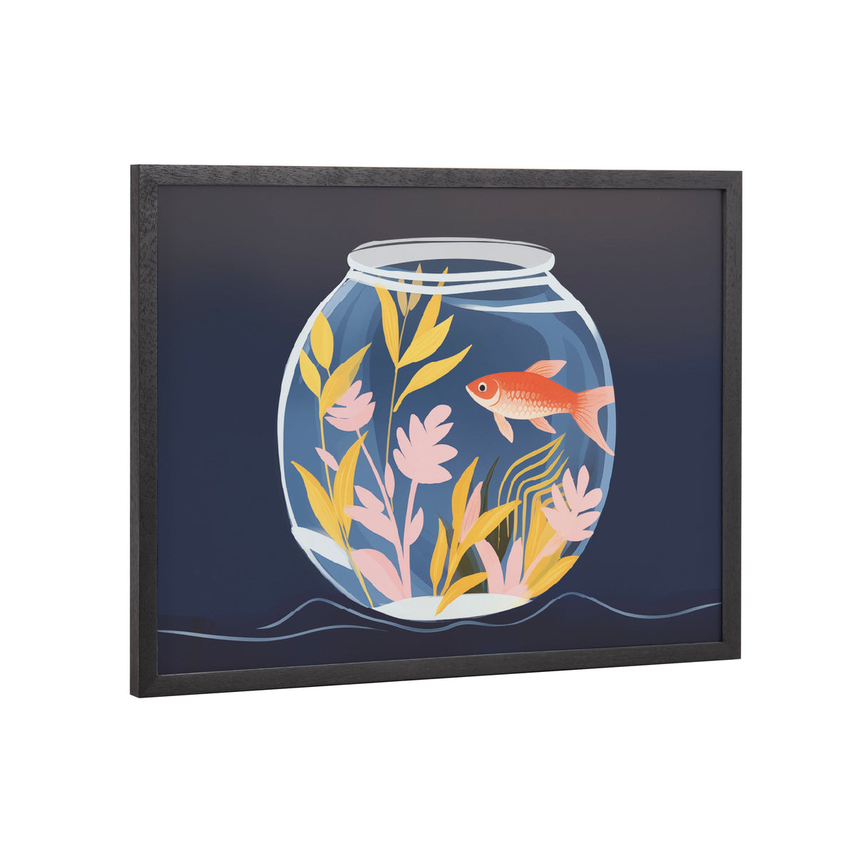 Framed print of an orange goldfish swimming inside a round bowl with pink and yellow aquatic plants on a dark blue background.