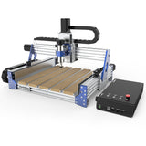 Desktop CNC router with aluminum frame, blue and black accents, featuring a spindle mounted on a vertical Z-axis and a rectangular working bed with wooden slats, alongside a black control box.
