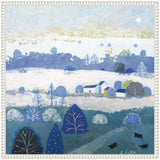 Abstract landscape painting with layered bands of blue, white, and green hues depicting trees, hills, a small white house cluster, and black cows, under a pale blue sky.