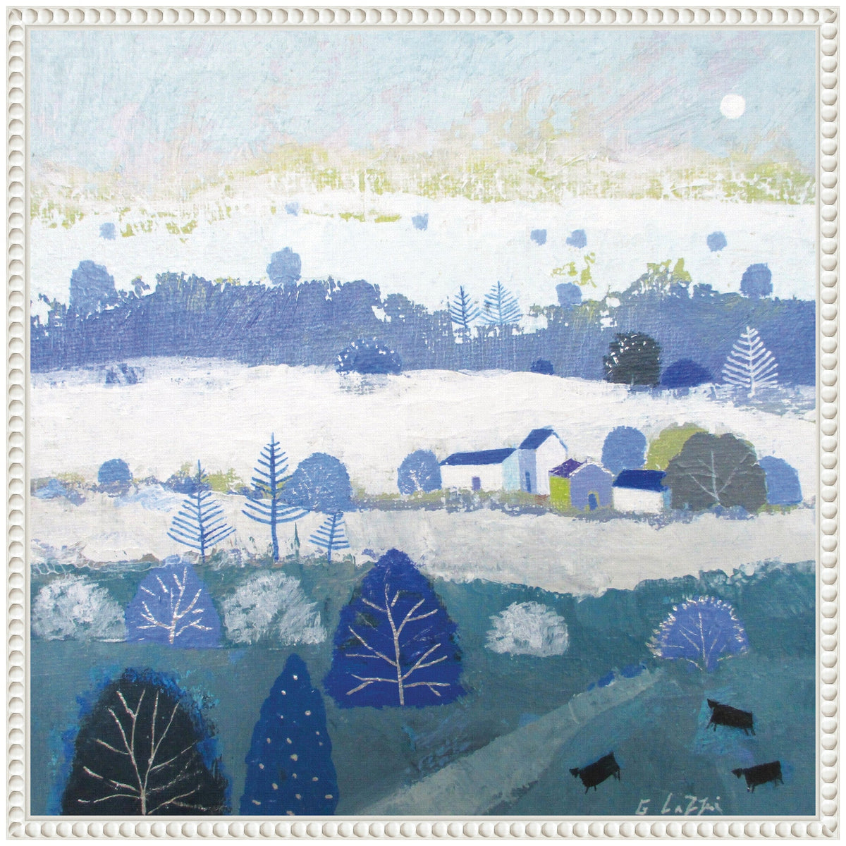 Abstract landscape painting with layered bands of blue, white, and green hues depicting trees, hills, a small white house cluster, and black cows, under a pale blue sky.