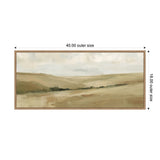 Softly painted landscape with rolling beige and olive green hills under a cloudy pale gray sky, framed in a light wooden frame measuring 40 by 18 inches.