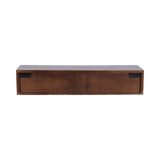 Rectangular wooden floating console table with a smooth top and two recessed panel doors featuring black metal handles, shown on a white background.