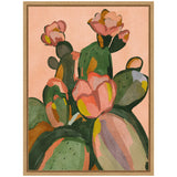 Watercolor painting of green prickly pear cactus pads with pink and orange blooming flowers against a peach background, framed in light wood.
