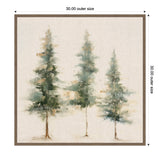 Abstract painting of three evergreen trees in muted green and brown tones on a neutral linen background within a simple brown frame, 30x30 inches square.