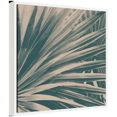 Sylvie Modern Retro Teal Maximalist Palm Leaves framed canvas art showing abstract overlapping palm leaves in teal and green hues