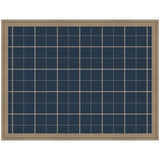 Framed Fabric Pinboard with navy blue geometric plaid pattern in a simple wooden frame hanging on wall