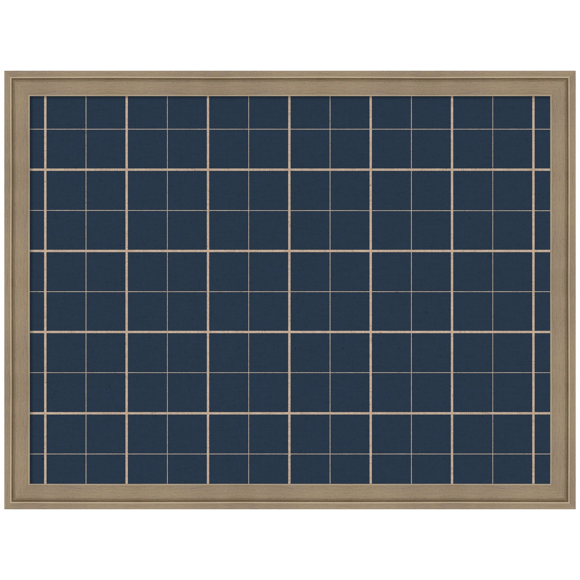 Framed Fabric Pinboard with navy blue geometric plaid pattern in a simple wooden frame hanging on wall