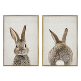 Two framed canvases showing a gray bunny; front view with attentive ears and a back view featuring its round tail, both on textured beige backgrounds.