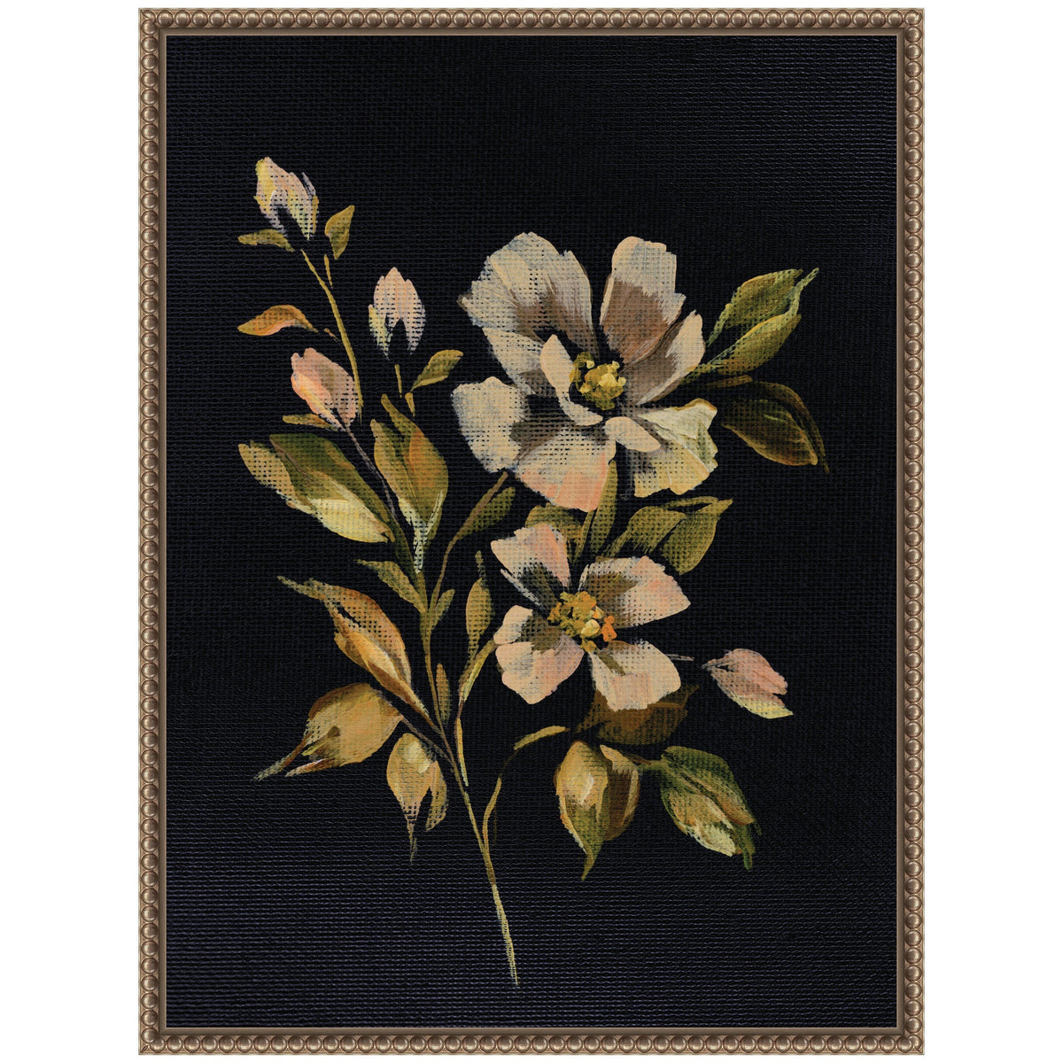 Painted canvas depicting a floral arrangement with muted white blossoms and greenish-brown leaves against a black background, framed in ornate gold.