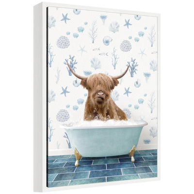 Framed canvas art showing a Highland cow sitting in an under the sea themed bathtub by Amy Peterson
