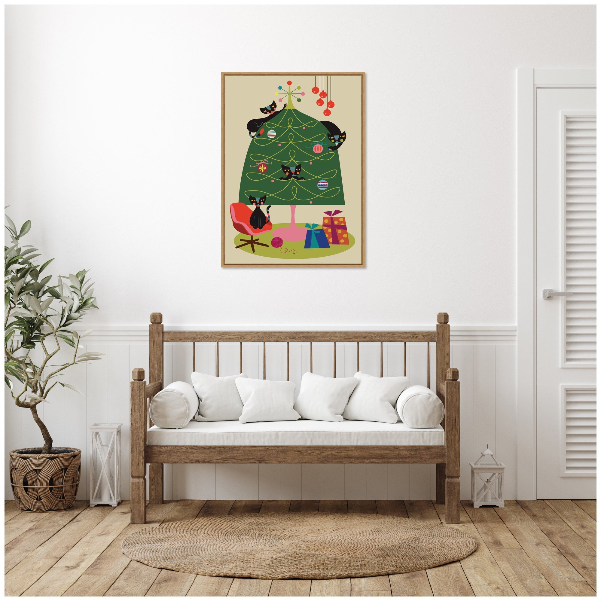 Sylvie Framed Canvas Retro Cats And Christmas Tree by Rachel Lee