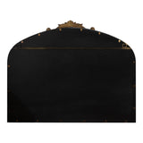 Back view of an arched mirror with a black fabric backing, a horizontal support bar, and a decorative gold metal crest at the top center.