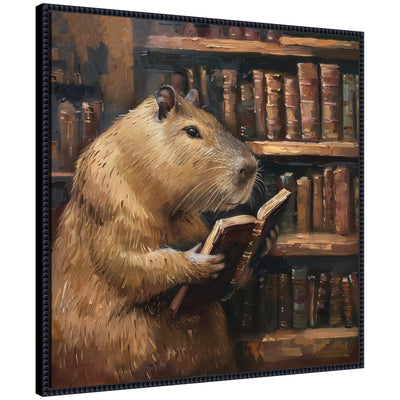 Framed canvas art of a colorful traditional capybara reading in a library scene by The Creative Bunch Studio