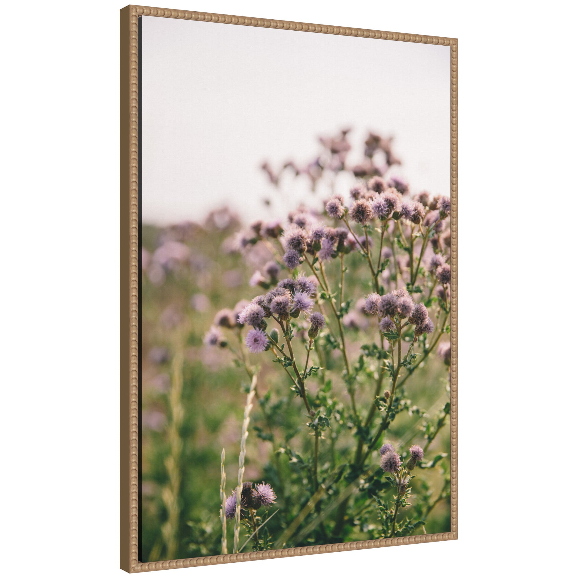 Sylvie Soft Purple Flower Blooms framed canvas art featuring soft purple flowers in a vintage beaded polystyrene frame
