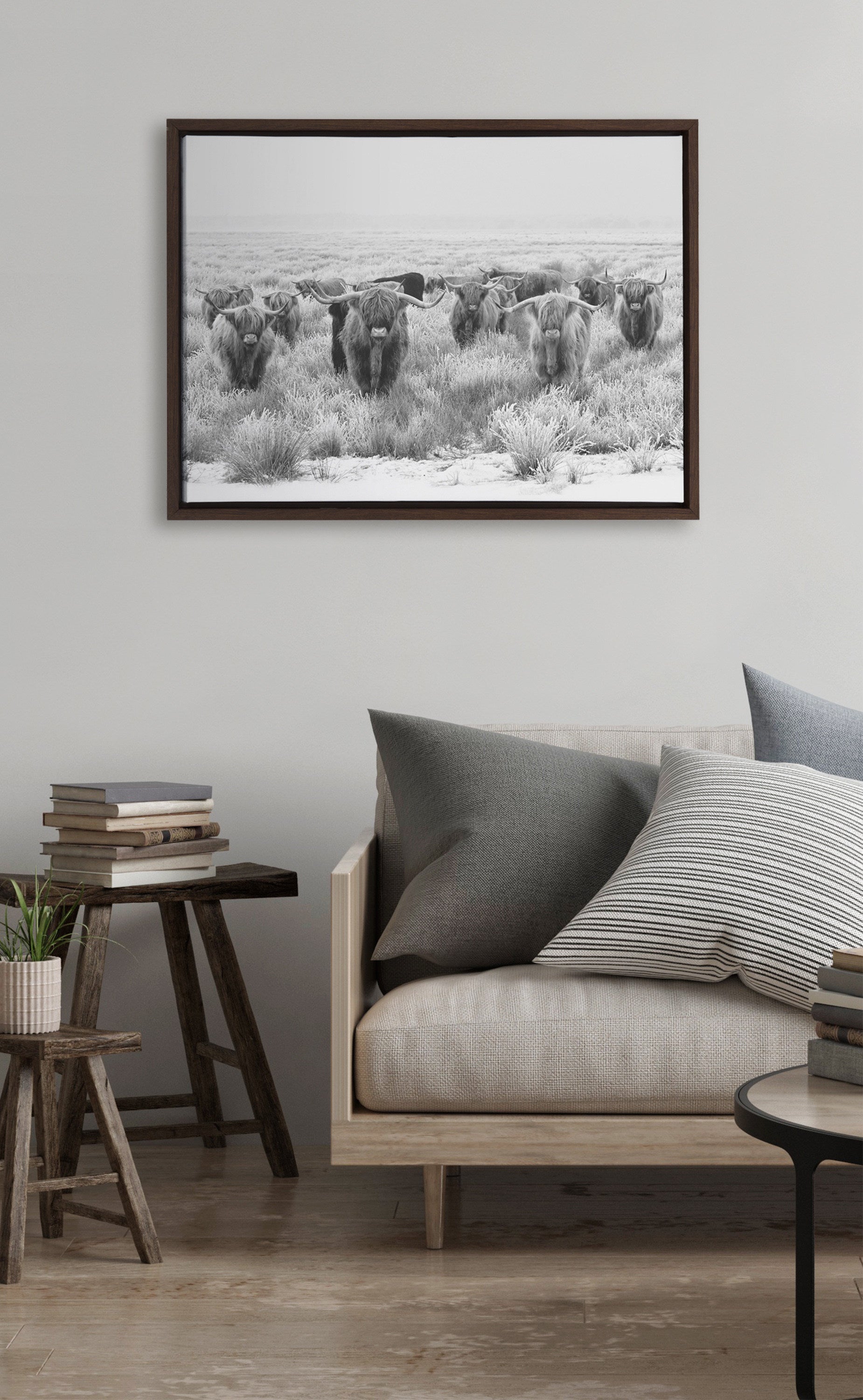 Sylvie Herd of Highland Cows Black and White Framed Canvas by The