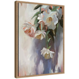 Oil painting of a pastel flower bouquet with white and peach blooms and green leaves, set against a soft muted background in a carved wooden frame.