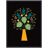 Stylized yellow vase with large green leaves and small orange flowers against a solid black background, framed with a dark decorative border.