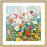 Colorful wildflowers including white, yellow, red, pink, and orange blooms with green stems against a soft blue-gray background in a gold frame.