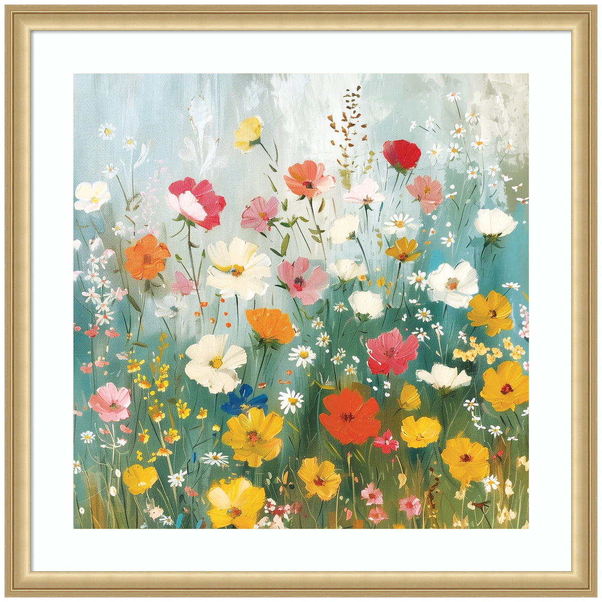 Colorful wildflowers including white, yellow, red, pink, and orange blooms with green stems against a soft blue-gray background in a gold frame.