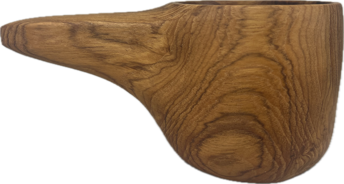 Teak Kuksa Coffee & Tea Mug showing wood grain and hanging hole