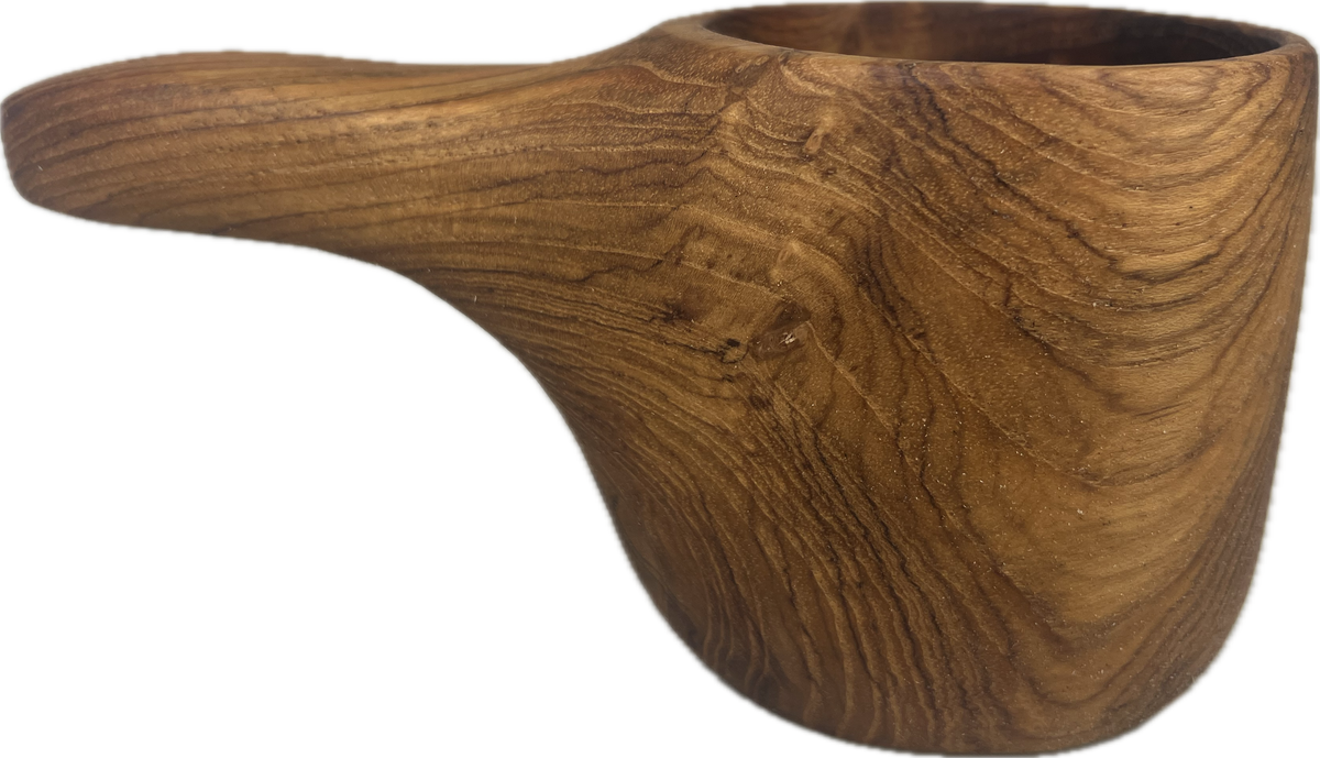 Smooth teak kuksa mug with integrated handle and natural wood grain patterns, featuring an open top and a hanging hole in the handle.