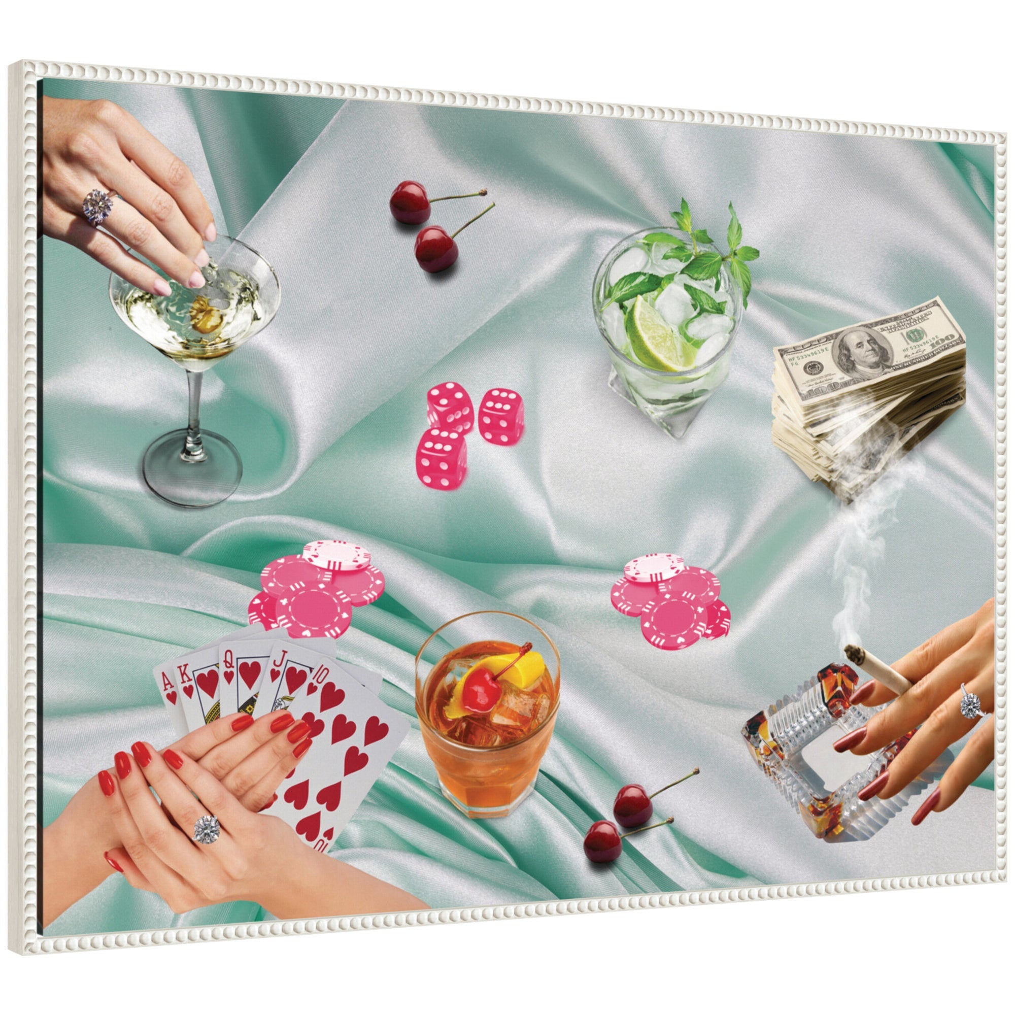 Framed canvas wall art depicting a poker night scene with playing cards, poker chips, dice, cocktails, and money in a white beaded frame.