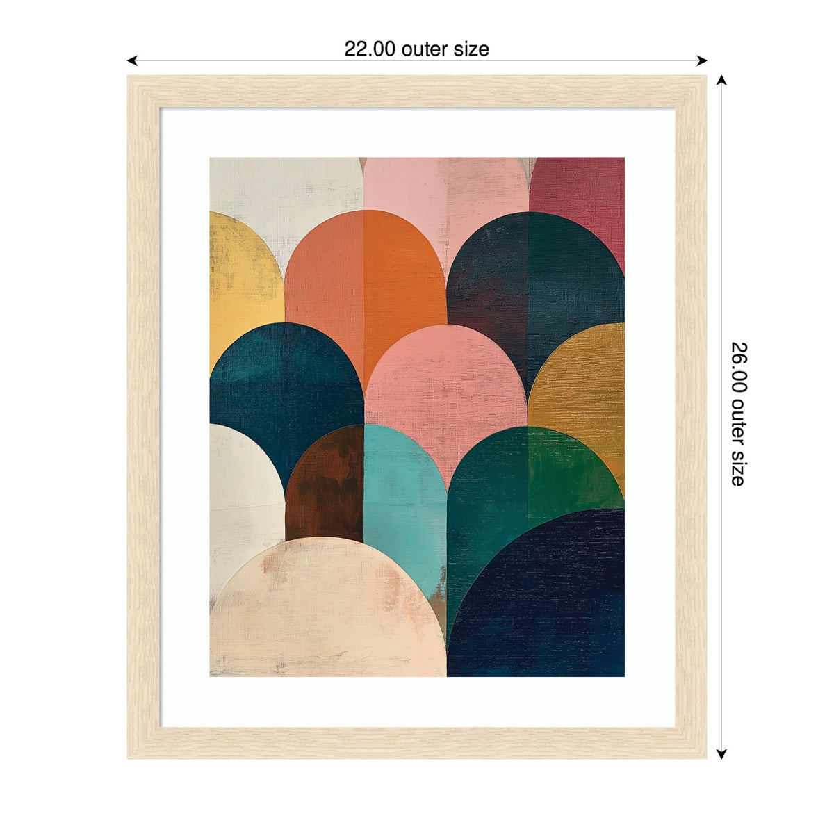 Framed minimalist abstract geometric art featuring overlapping rounded shapes in jewel tones including orange, teal, navy, pink, and mustard with subtle texture.
