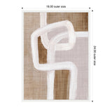Abstract painting with interconnected white and beige rhythmic lines on textured brown and taupe background, framed with white edges and labeled dimensions 18 by 24 inches.