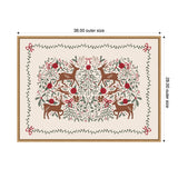 Decorative framed canvas with symmetrical woodland scene featuring four brown deer, red flowers, green leaves, white birds, and red bows on cream background.