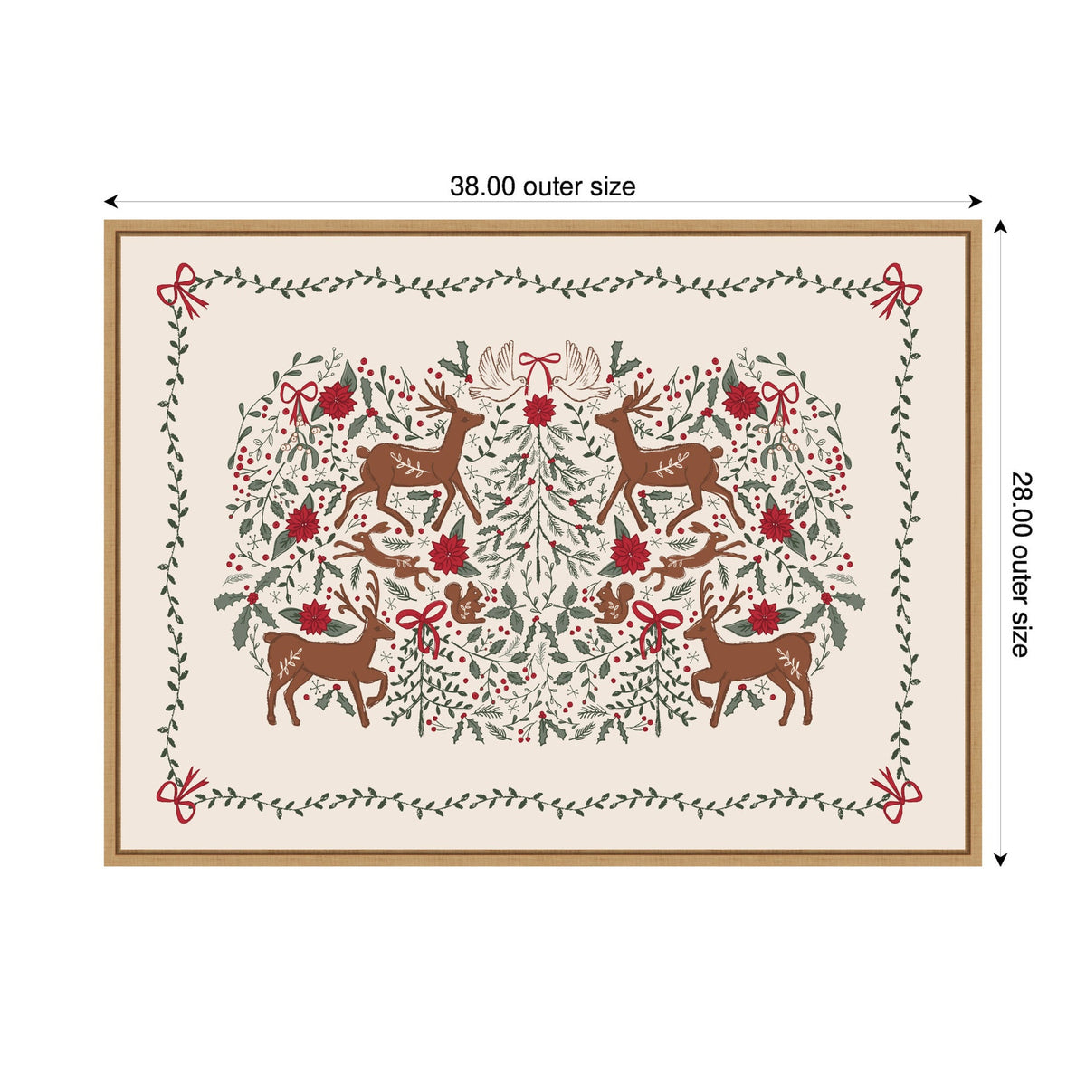 Decorative framed canvas with symmetrical woodland scene featuring four brown deer, red flowers, green leaves, white birds, and red bows on cream background.