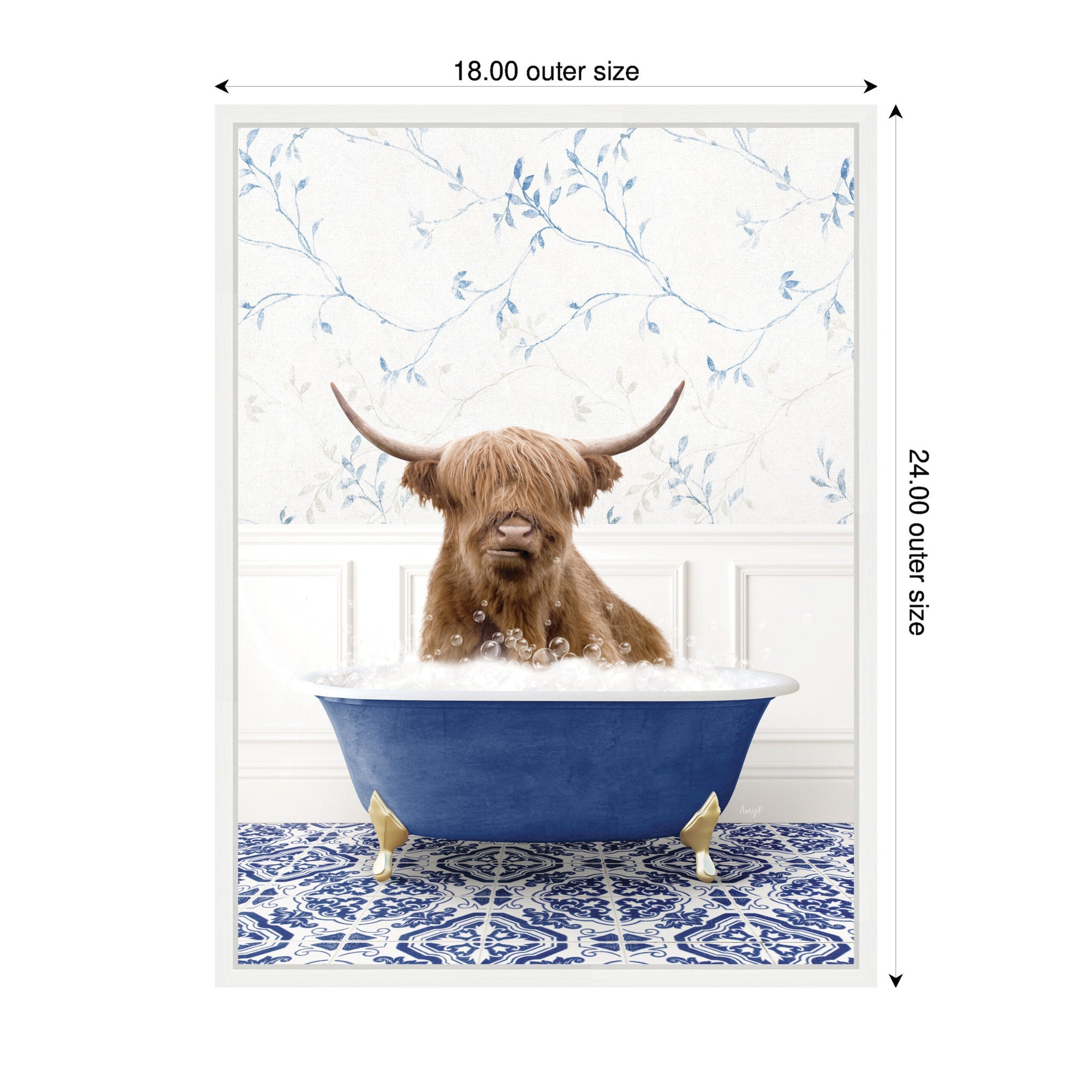 Sylvie Highland Cow in Eclectic Blue Bathtub Framed Canvas