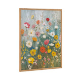 Framed print of a wildflower garden with tall stems and blooms in yellow, white, pink, red, and orange against a muted blue-gray background.