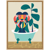 Abstract lion with multicolored geometric shapes sitting in a teal clawfoot bathtub alongside a tall green leafy plant, against a beige background with stone floor pattern.