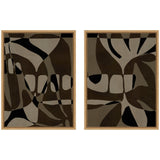 Two framed abstract canvas art pieces featuring overlapping organic shapes in muted browns, blacks, and grays with curving contours and smooth edges.