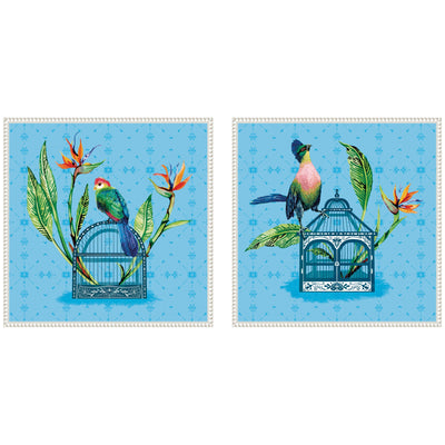 Two framed square canvas prints titled Uncaged No.
1 and No.
2 by Lucia Gianello in Sylvie Beaded frames, hung side by side on a white wall.