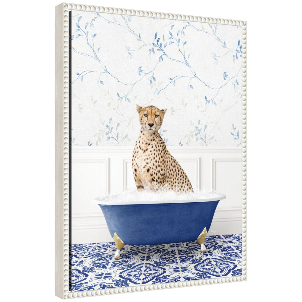 Framed canvas art print titled Sylvie Cheetah in Eclectic Blue Bath depicting a cheetah with blue watery background, framed with a vintage beaded polystyrene frame