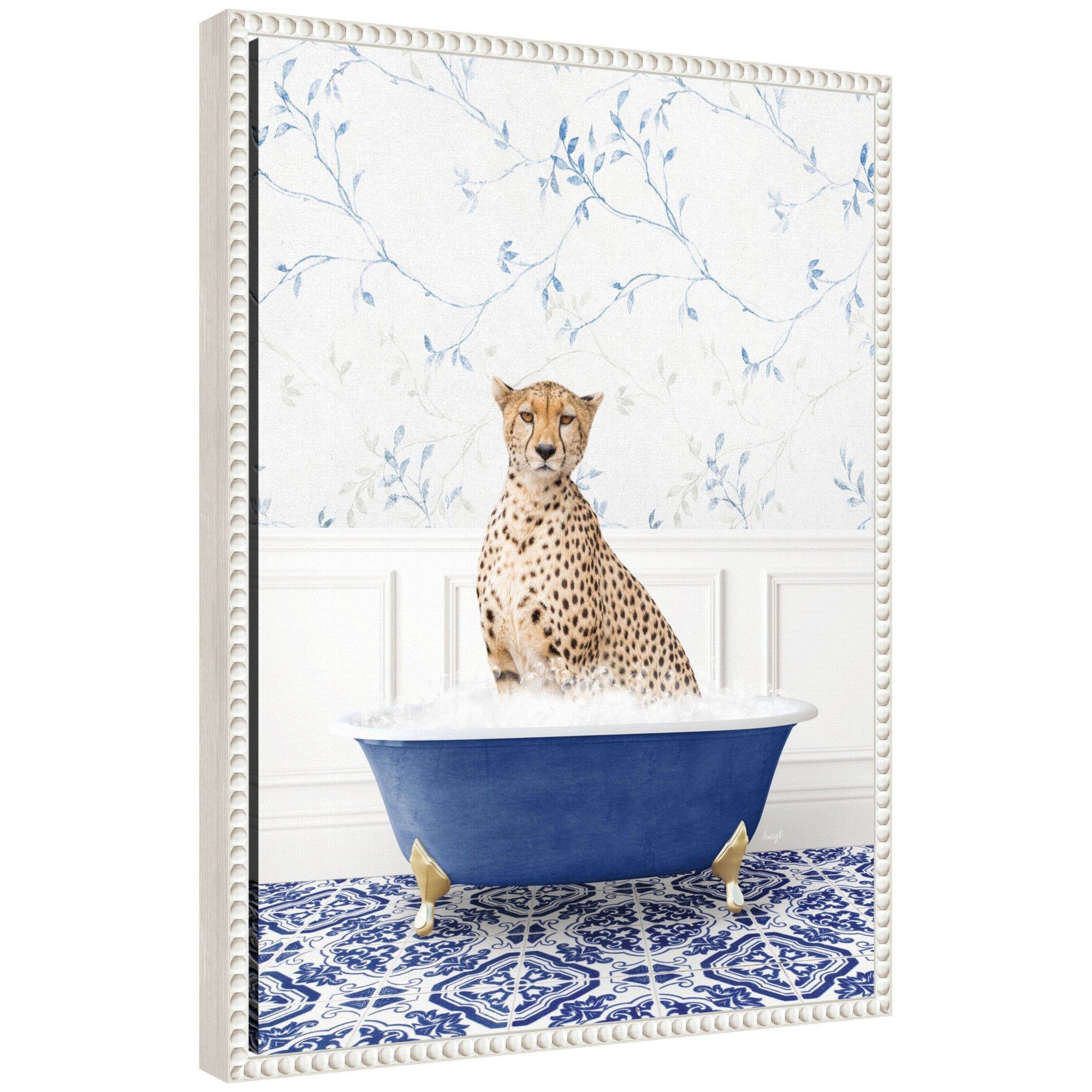 Framed canvas art print titled Sylvie Cheetah in Eclectic Blue Bath depicting a cheetah with blue watery background, framed with a vintage beaded polystyrene frame
