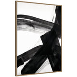 Framed abstract canvas art featuring bold, sweeping black brushstrokes crossing over a white background in dynamic, intersecting patterns.