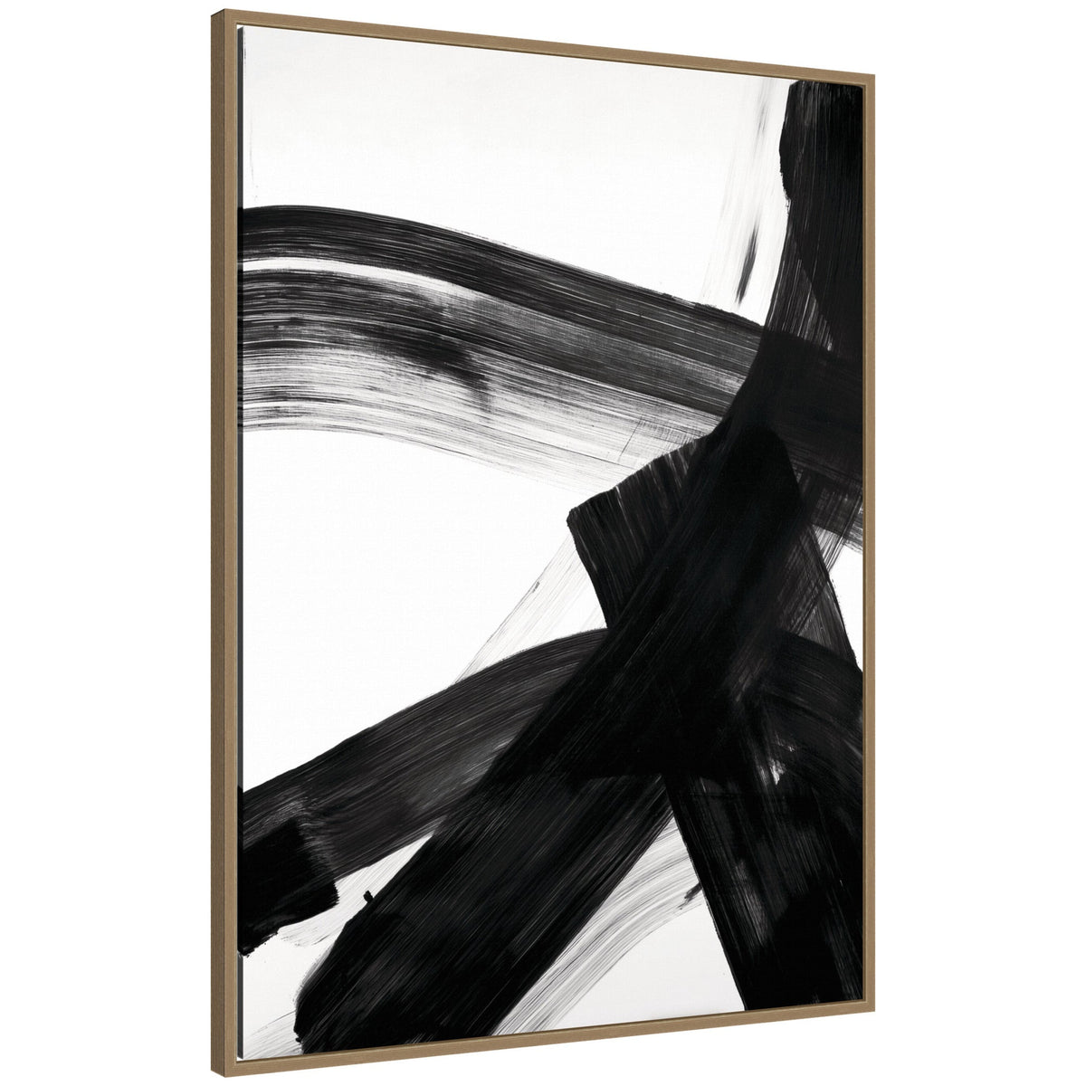 Framed abstract canvas art featuring bold, sweeping black brushstrokes crossing over a white background in dynamic, intersecting patterns.