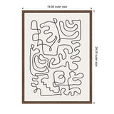 Abstract black continuous line drawing on white canvas depicting interconnected organic shapes in a walnut-finished rectangular frame measuring 18x24 inches.