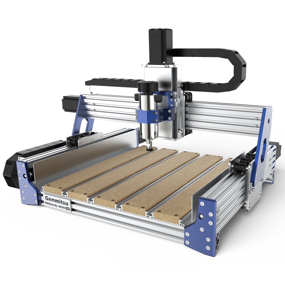 Compact desktop CNC router with aluminum frame, blue corner brackets, and a spindle mounted on a moving gantry above a slotted wooden work surface