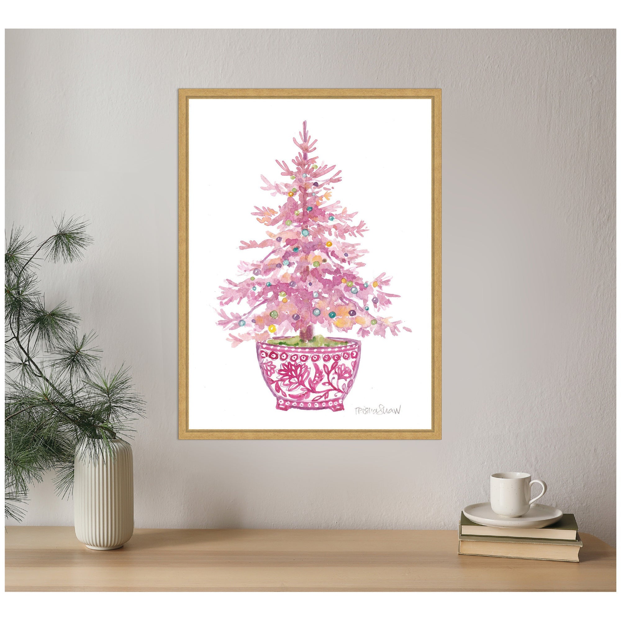 Sylvie Framed Canvas Pink Christmas Tree by Patricia Shaw