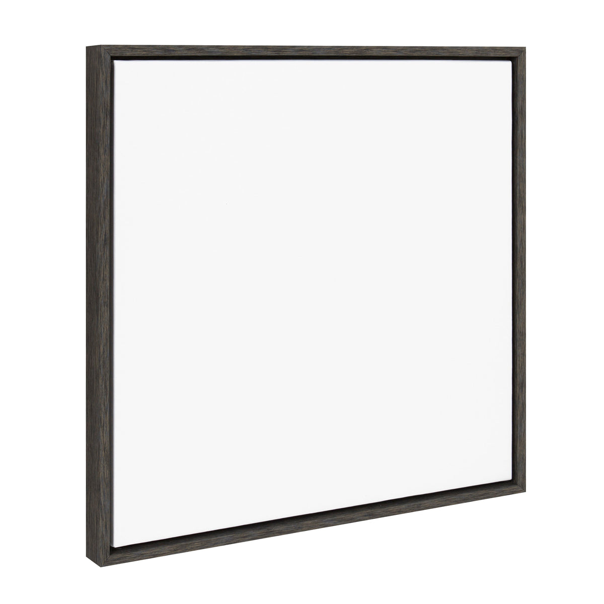Square blank canvas with dark wood frame viewed slightly from the side showing depth of 22x22 inch canvas