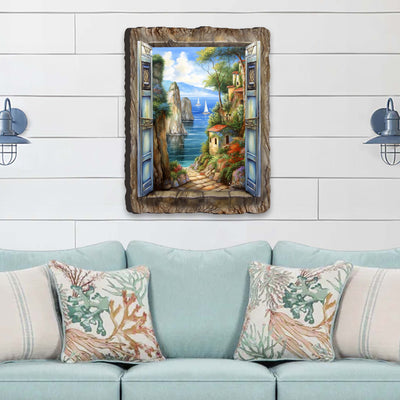 Seaside Town Window Wall Art showing a coastal view with buildings and landscape in warm tones