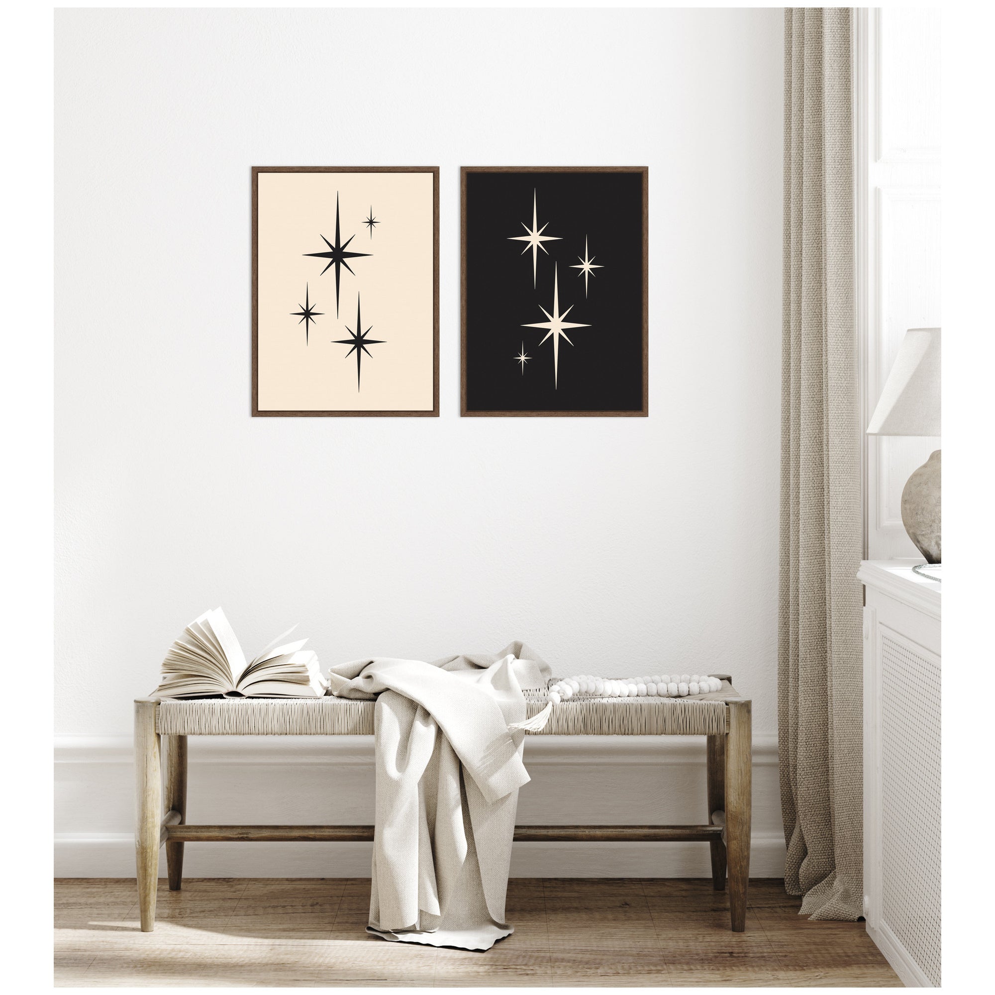 Starburst Retro Atomic 70s Style MCM Minimalist 2 Piece Framed Canvas Wall Art Set by Lucky Guava